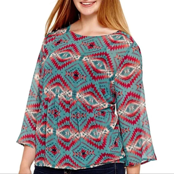 Arizona Jeans Sheer Aztec Print Crochet Back Drapey Blouse size Large - Picture 1 of 4